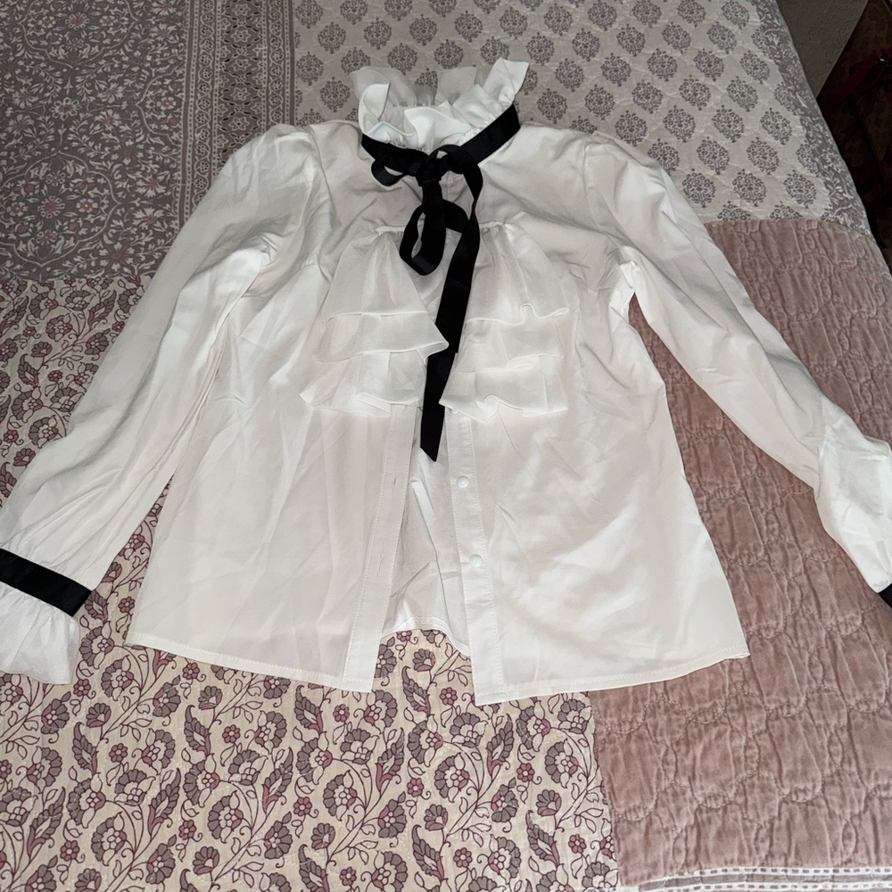 Kultivate White Ruffled Blouse with Black Bow